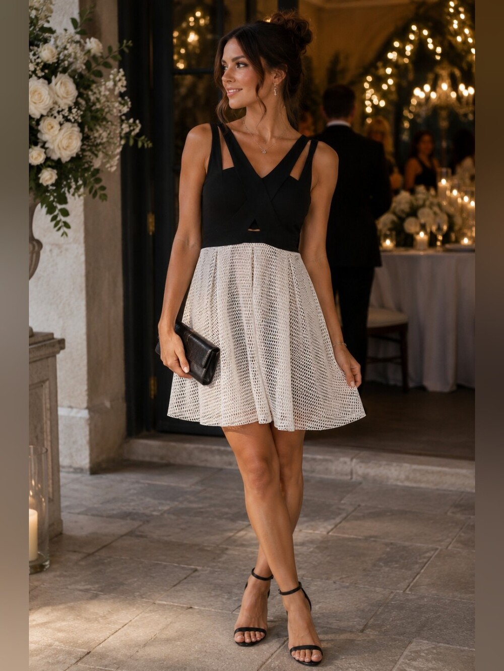 Lumiere Black Bodice Ivory Mesh Skater Dress